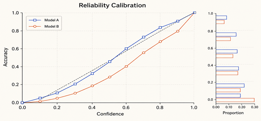 Calibration curves and benchmark distribution for two multimodal models